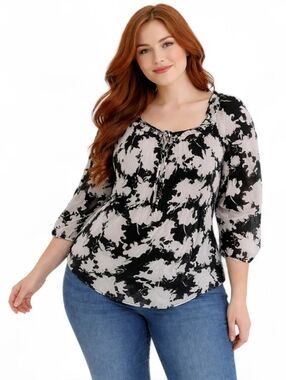 Lane Bryant Floral Pleated Blouse Sheer Sleeve Peasant Top Plus Sz 14/16
